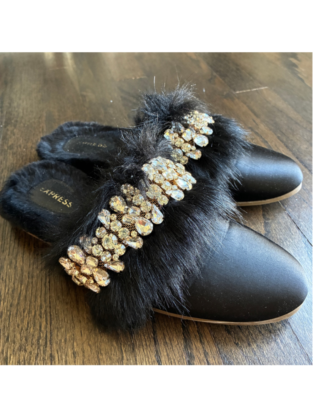 EXPRESS Satin Faux Fur Lined Embellished Slippers S Barbiecore Whimsigoth Glam
